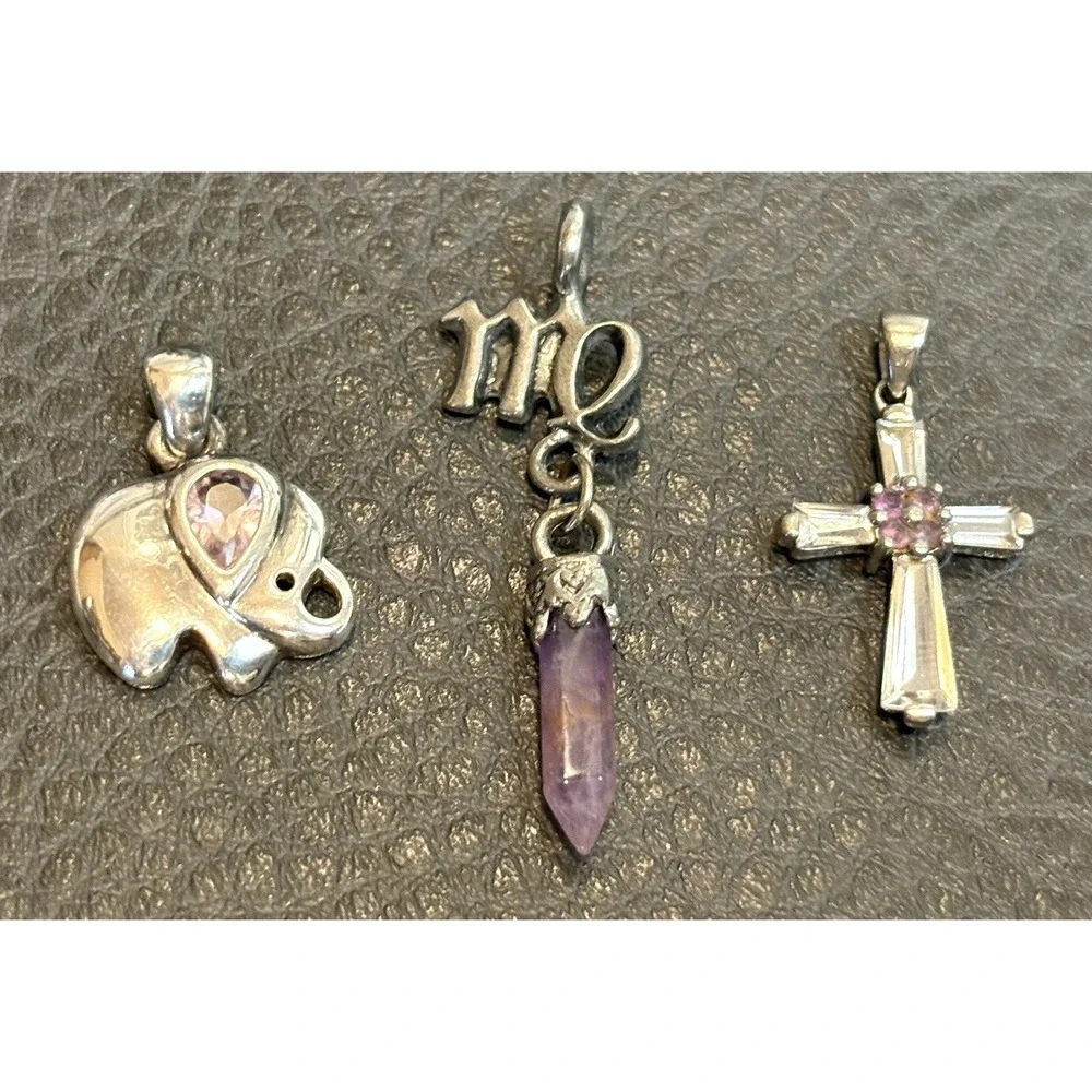 Set Of 3 Silver Tone Pendants 1 Sterling Cross 1 Avon Elephant Amethyst CZ